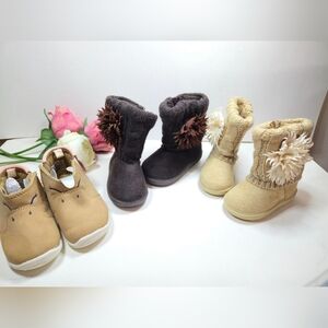 3 Pair Cozy Kids Boots - Brown and Tan Suede Warm Baby Girl Boots. Winter Boots